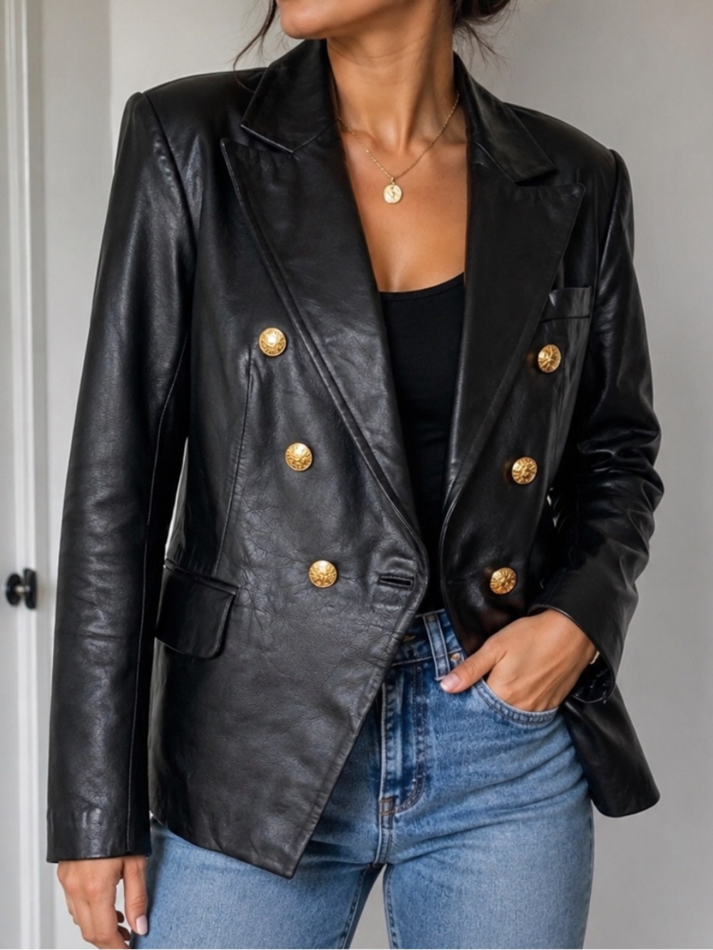 Black Genuine Leather Double-Breasted Blazer Jacket XL Gold Button Military Styl